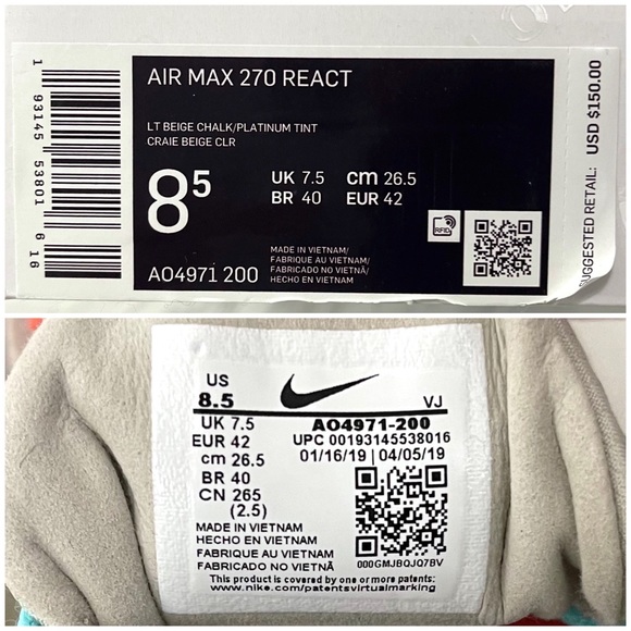 Nike- Air Max 270 React Lt Beige Chalk/Platinum Tint Size Men’s 8.5 - Picture 12 of 12
